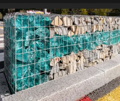 Gabion garden wall with glass rock accent